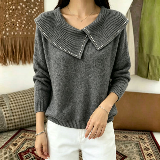 Damen Pullover mit übergroßem Matrosenkragen und Perlenbesatz Shop Nory