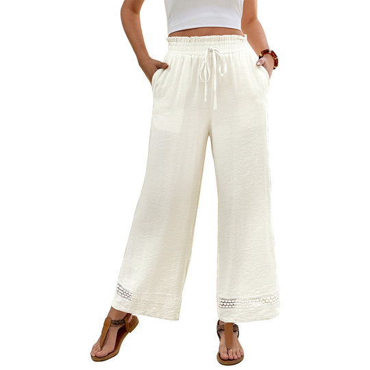 Damen Weite Leinenoptik-Hose mit Smok-Taille, Kordelzug und Häkelbordüre Shop Nory