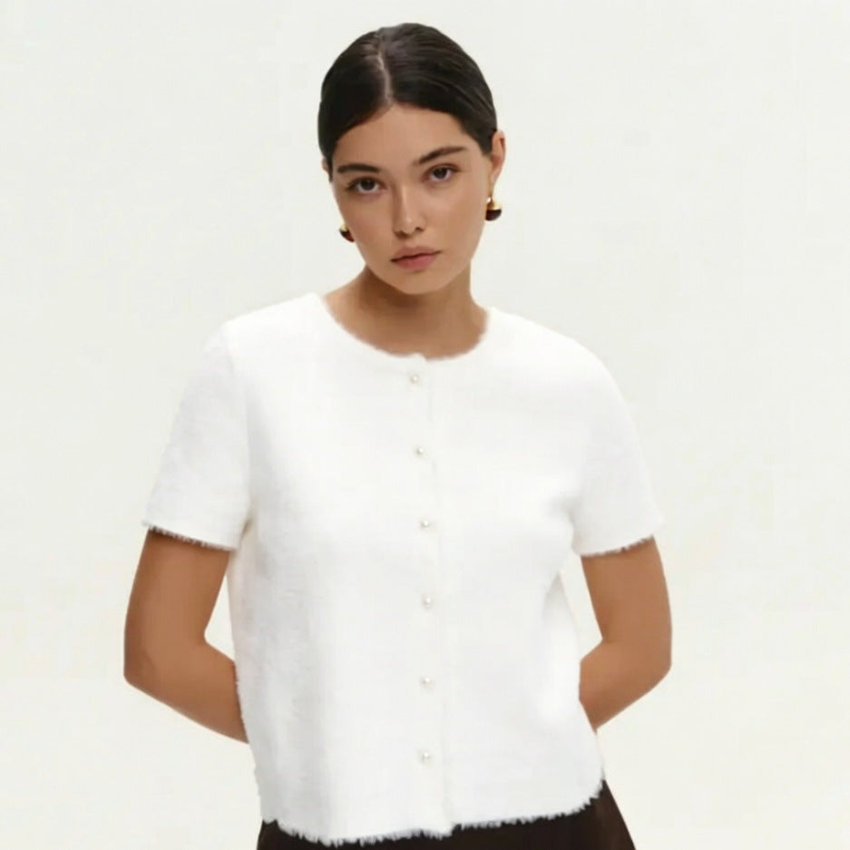 Damen Flauschiger Strickpullover mit Perlenknöpfen Shop Nory