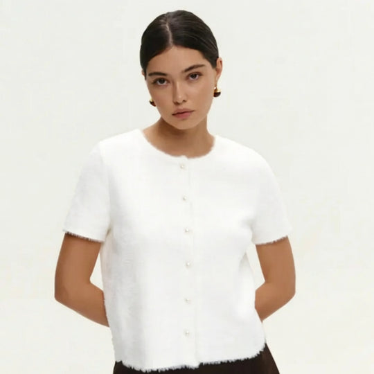 Damen Flauschiger Strickpullover mit Perlenknöpfen Shop Nory