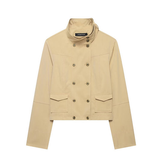 Damen Kurzgeschnittene Doppelreihige Utility-Jacke mit Stehkragen und Pattentaschen Shop Nory