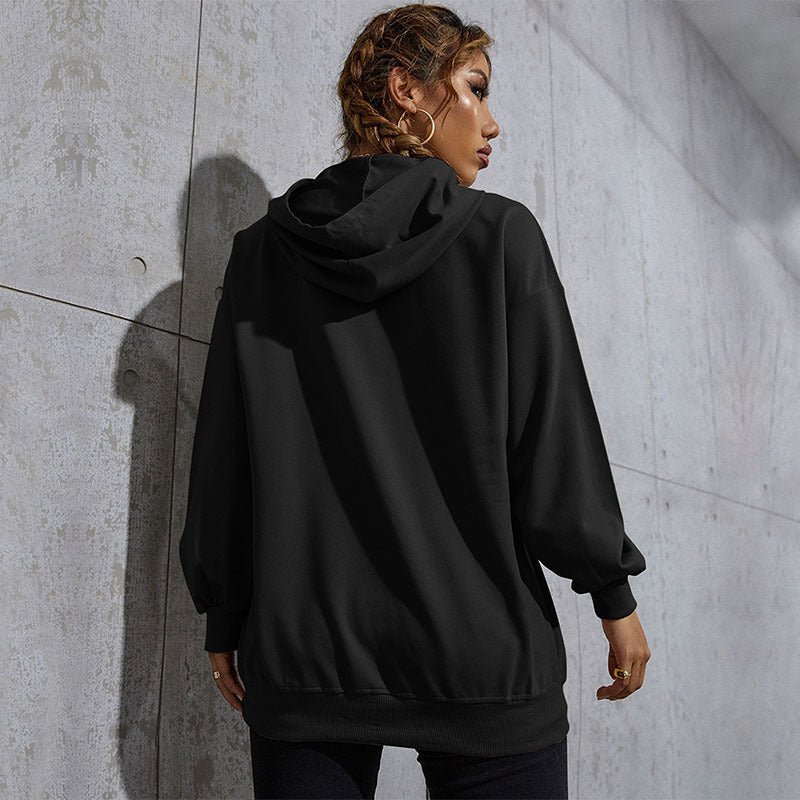 Damen Lässiger Oversize-Kapuzenpullover mit Statement-Print, Kängurutasche und Rippbündchen Shop Nory