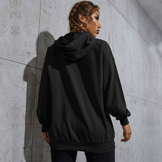 Damen Lässiger Oversize-Kapuzenpullover mit Statement-Print, Kängurutasche und Rippbündchen Shop Nory
