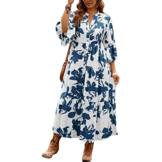 Damen Langes Stufenkleid mit V-Ausschnitt, Knopfleiste und Volantärmeln Shop Nory