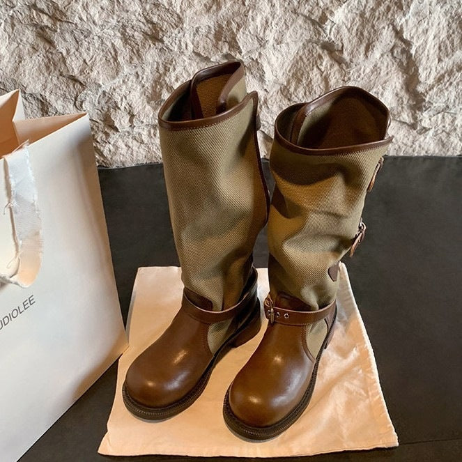 Damen kniehohe Leder-Canvas Stiefel mit verstellbaren Schnallen Shop Nory