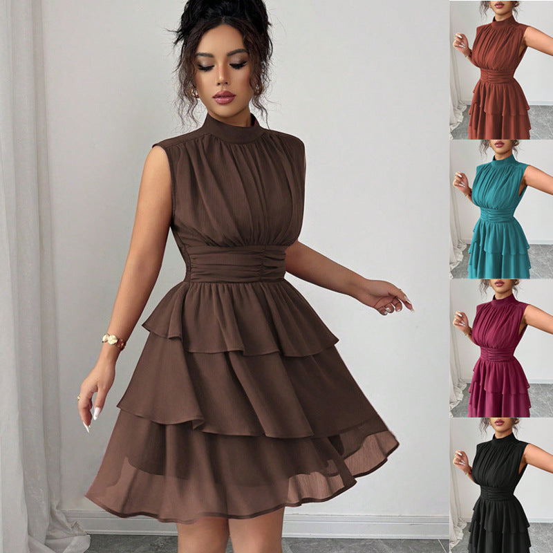 Damen Ärmelloses Chiffon-Stufenkleid mit Stehkragen und taillierter Raffung Shop Nory