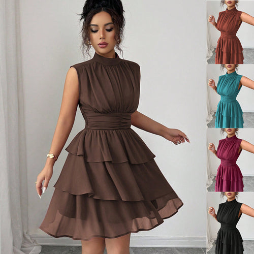 Damen Ärmelloses Chiffon-Stufenkleid mit Stehkragen und taillierter Raffung Shop Nory
