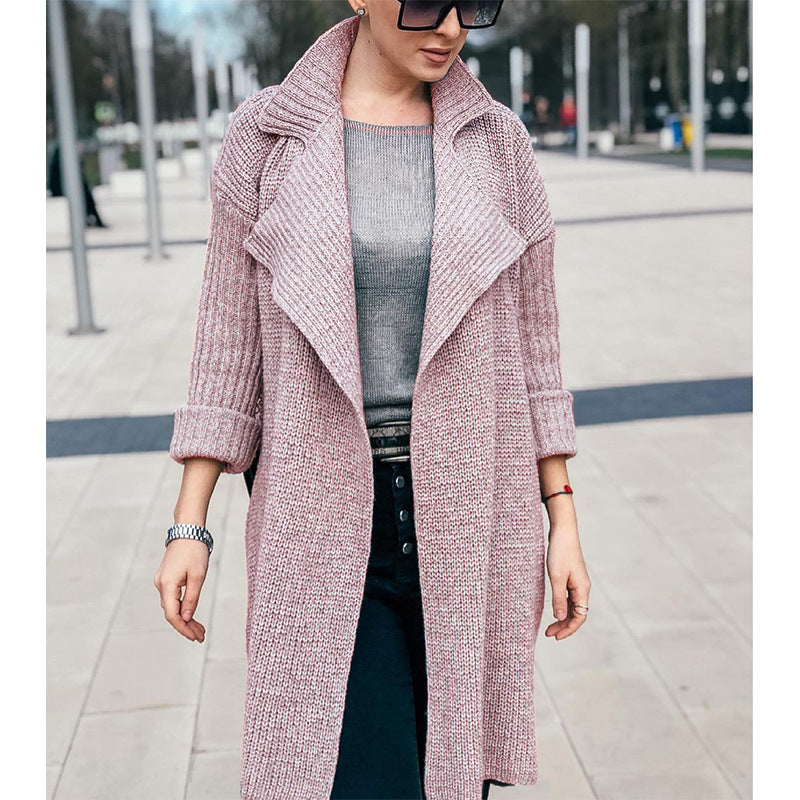 Damen Langer Offener Strickmantel mit Schalkragen und Umschlagärmeln Shop Nory