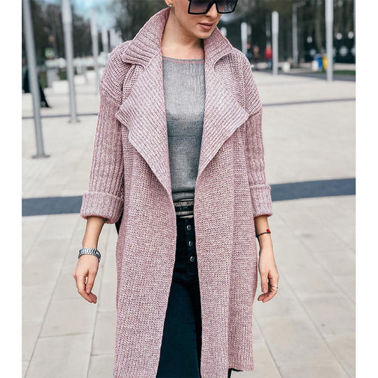 Damen Langer Offener Strickmantel mit Schalkragen und Umschlagärmeln Shop Nory