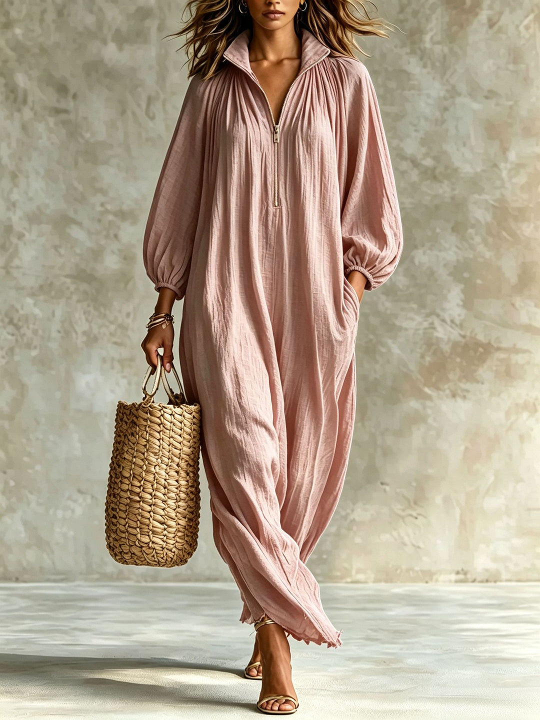Damen Luftiger Maxi-Jumpsuit mit Ballonärmeln, halbhohem Reißverschluss und Eingrifftaschen Shop Nory