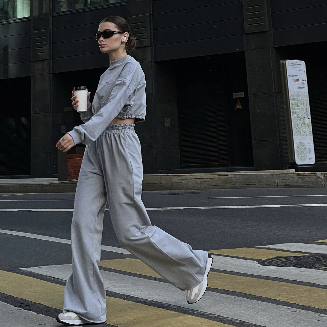 Damen Cropped Loungewear-Set mit gerafftem Tunnelzug und weiter High-Waist-Hose Shop Nory
