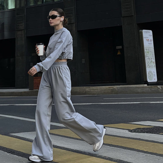 Damen Cropped Loungewear-Set mit gerafftem Tunnelzug und weiter High-Waist-Hose Shop Nory