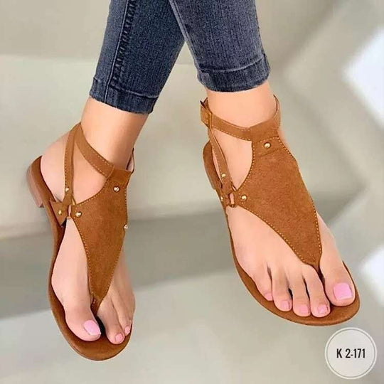 Damen T‑Riemen Sandalen mit Knöchelriemen, Veloursoptik und flacher Komfortsohle Shop Nory