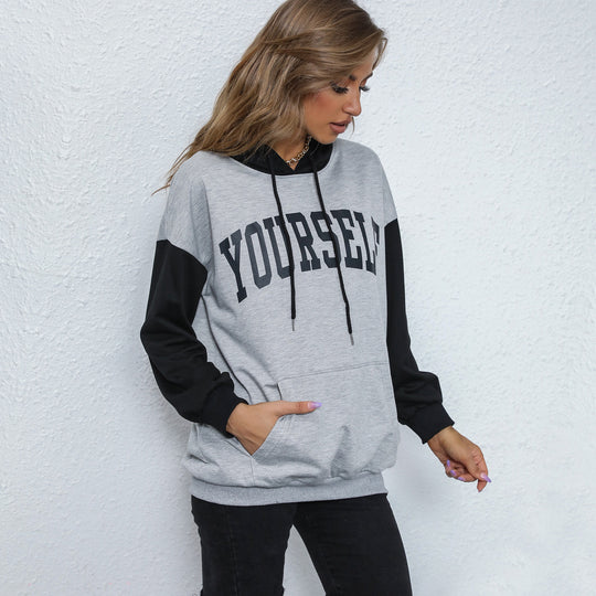 Damen Oversize-Kapuzenpullover mit College-Print, Kängurutasche und Kontrastärmeln Shop Nory