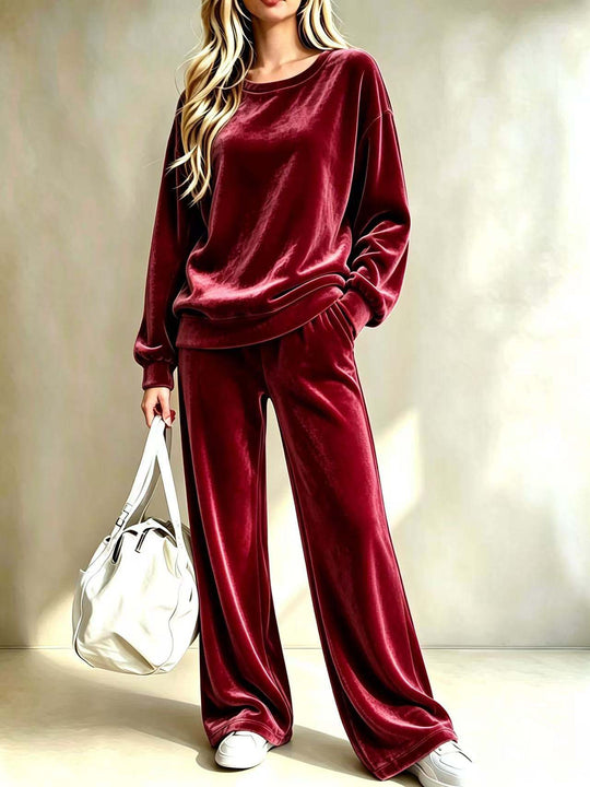 Damen Weiches Velours-Loungewear-Set mit weitem Bein und Rundhalsausschnitt Shop Nory