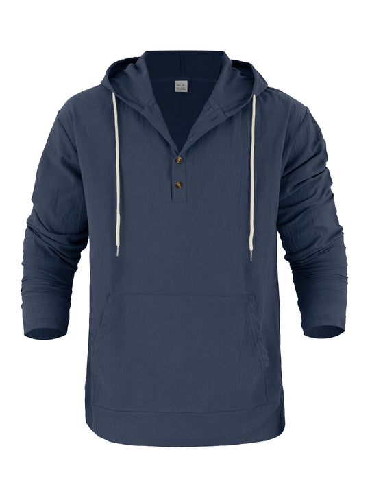 Herren Leichter Kapuzen-Henley aus Baumwoll-Leinen mit Kängurutasche Shop Nory