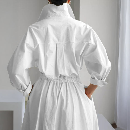 Damen nan tailliertes Hemdblusenkleid mit kastigem Kragen, mittellangen Ärmeln, Seitentaschen und ausgestelltem Tellerrock Shop Nory