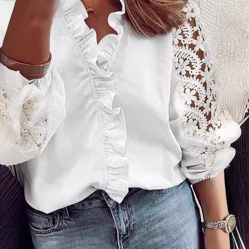 Damen elegante Bluse mit Rüschendetails und Spitzenärmeln