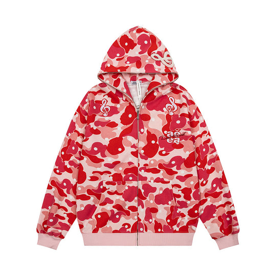 Damen Kapuzen-Sweatjacke mit Camouflage-Allover, Notenstickerei und durchgehendem Reißverschluss Shop Nory