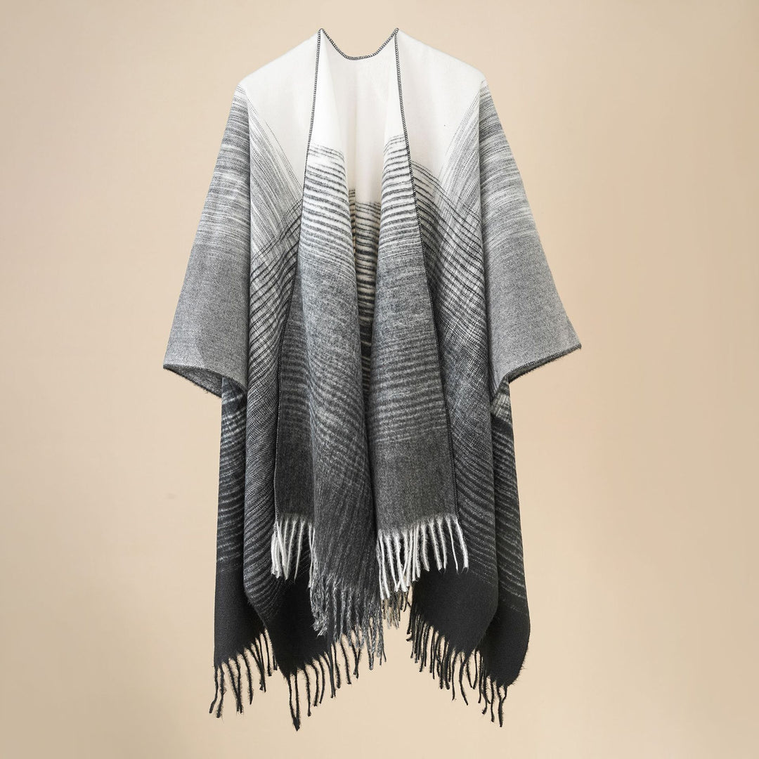 Damen Weit geschnittener Karierter Poncho mit Fransen und V‑Ausschnitt Shop Nory