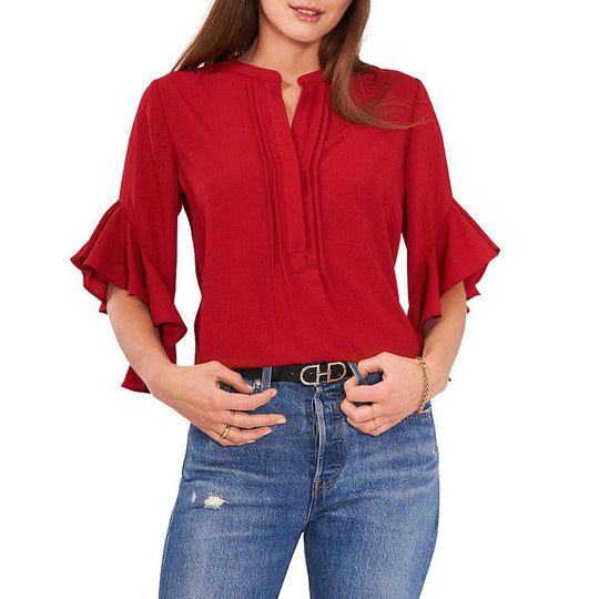 Damen Rüschen-Bluse mit V-Schlitz, lockerem Schnitt und Trompetenärmeln Shop Nory