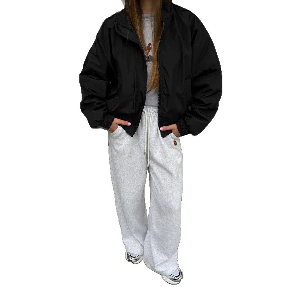 Damen Oversize Cropped Bomberjacke mit Stehkragen und Reißverschluss Shop Nory
