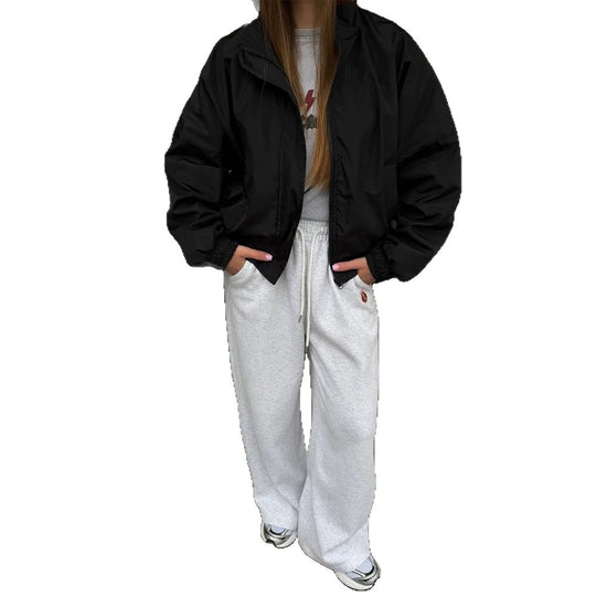 Damen Oversize Cropped Bomberjacke mit Stehkragen und Reißverschluss Shop Nory