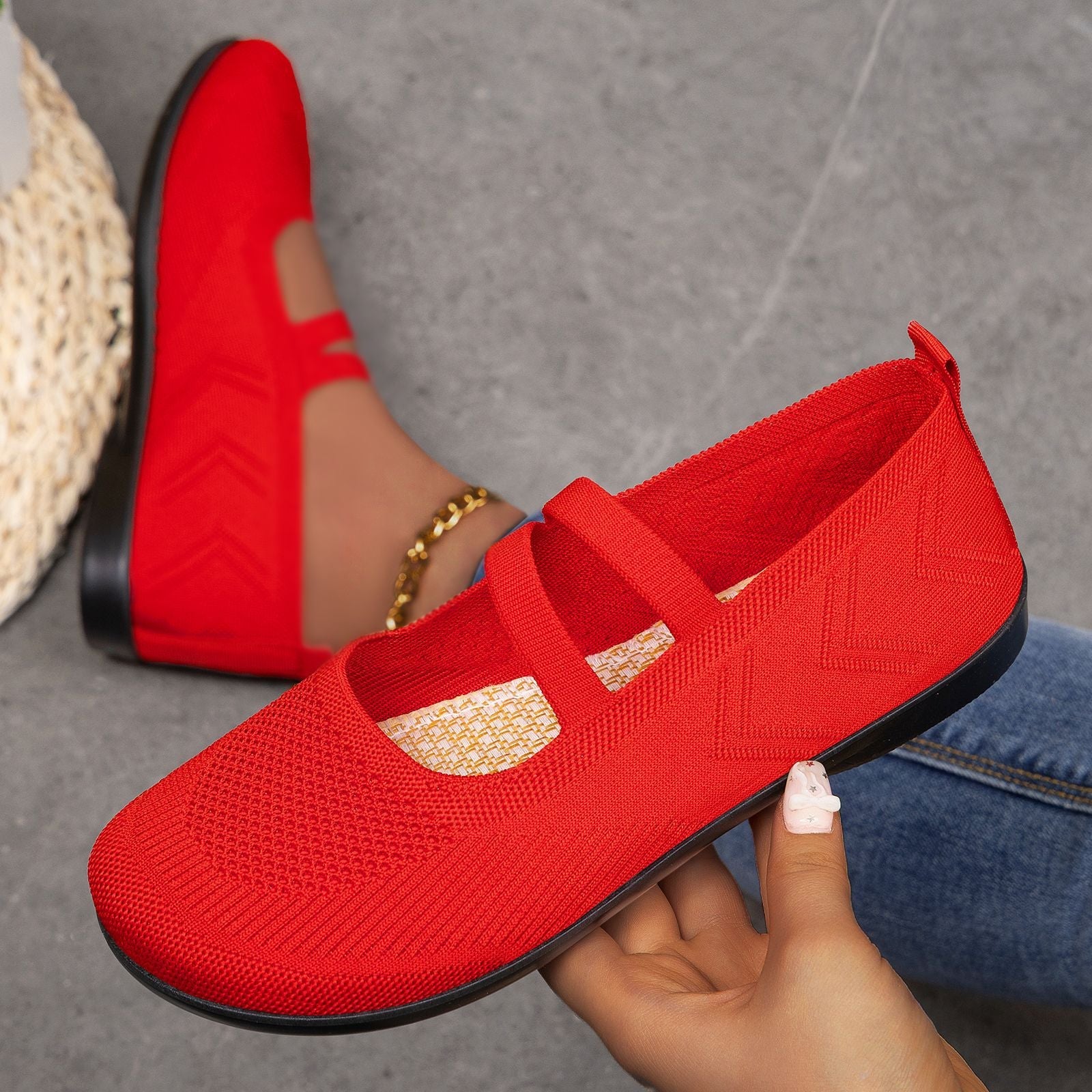 Damen bequeme Ballerinas mit elastischen Riemen und atmungsaktiver Mesh-Oberfläche