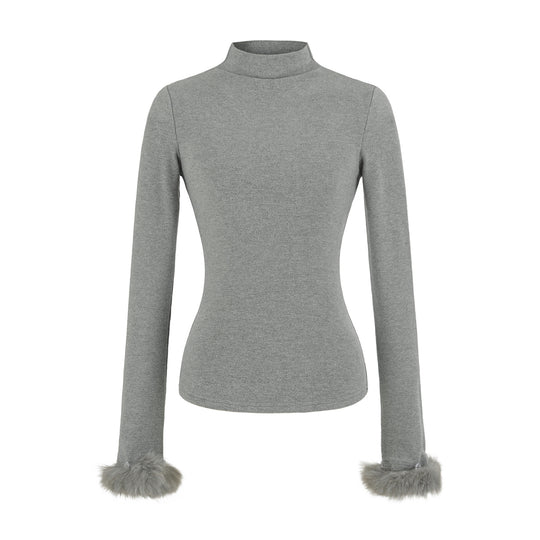 Damen Eng anliegendes Rollkragen-Top mit Kunstfellmanschetten Shop Nory