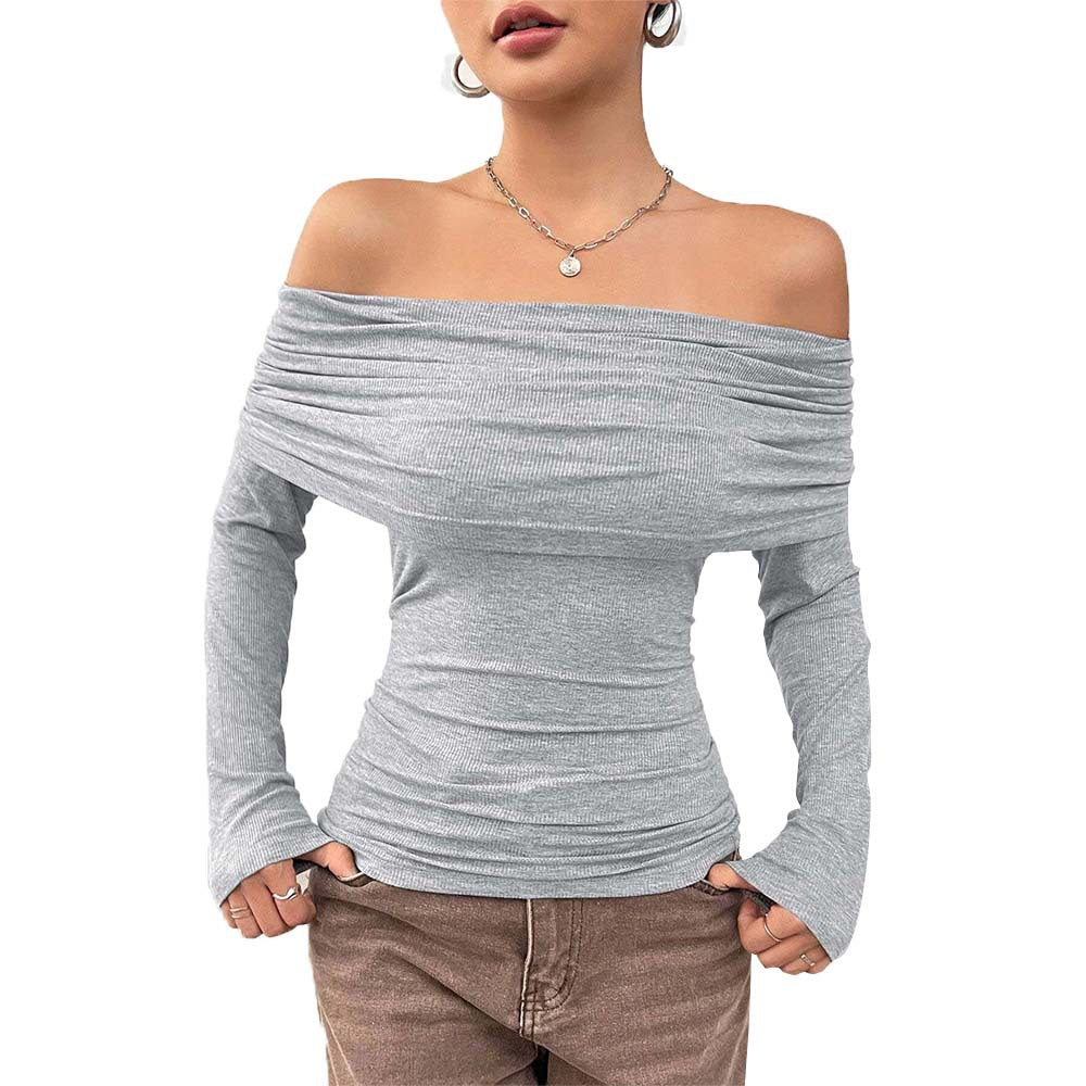 Damen eng anliegendes Off-Shoulder Rippstrick-Longsleeve mit gerafftem Wasserfall-Ausschnitt und Daumenloch Shop Nory