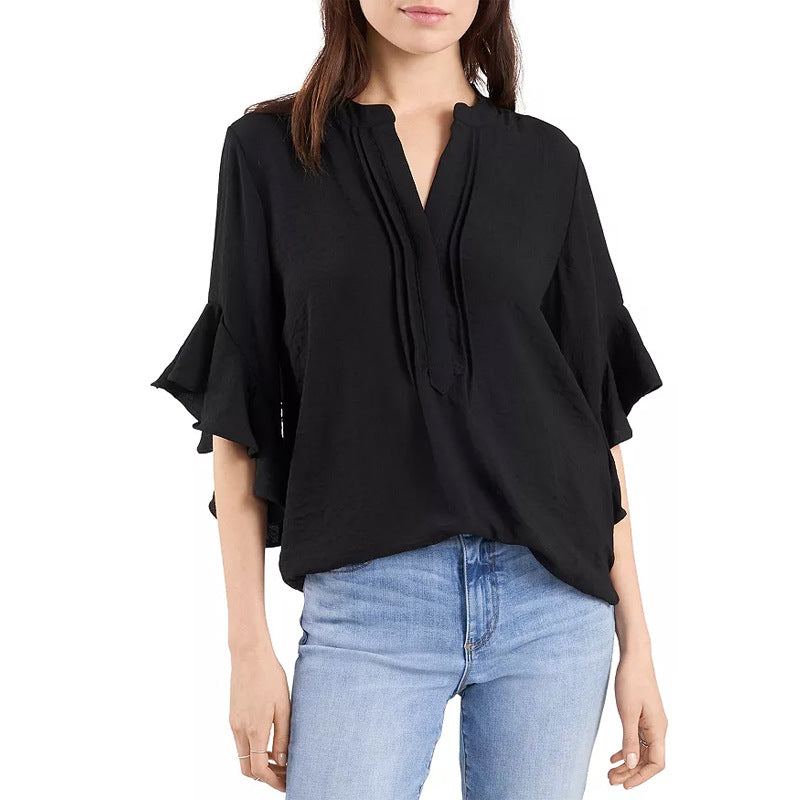 Damen Rüschen-Bluse mit V-Schlitz, lockerem Schnitt und Trompetenärmeln Shop Nory