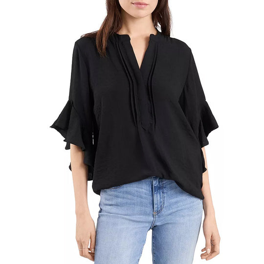 Damen Rüschen-Bluse mit V-Schlitz, lockerem Schnitt und Trompetenärmeln Shop Nory