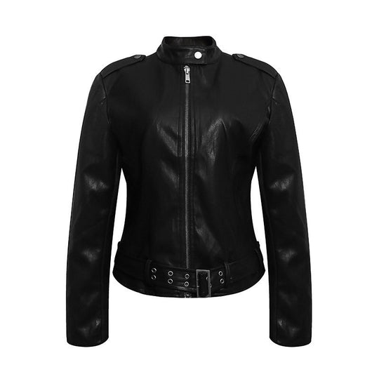 Damen Taillierte Lederoptik-Jacke mit Stehkragen, Schulterklappen und Taillengürtel Shop Nory
