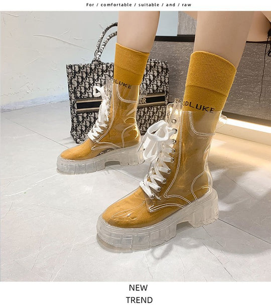 Damen trendige Stiefeletten im transparenten Design mit knalligem Detail
