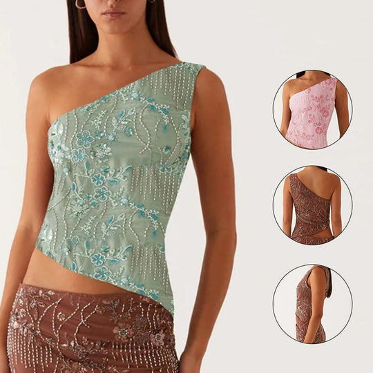 Damen asymmetrisches Oberteil mit floralem Strassdesign