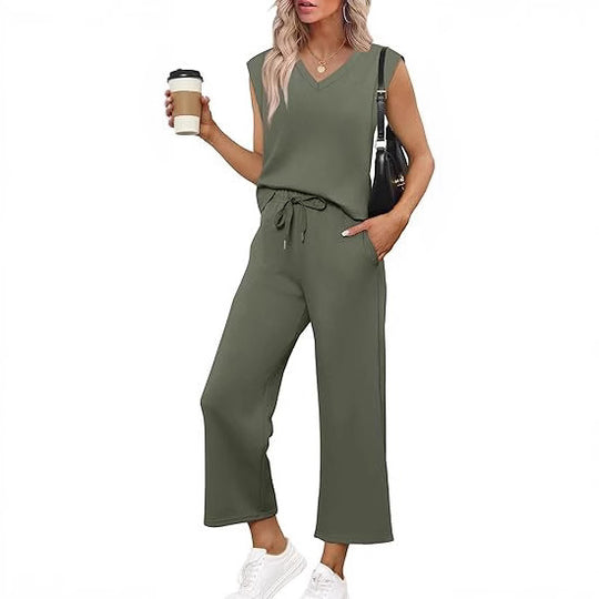 Damen Lässiges Zweiteiliges Lounge-Set mit Ärmellosem V-Neck-Top und Weiten Kordelbund-Hosen Shop Nory