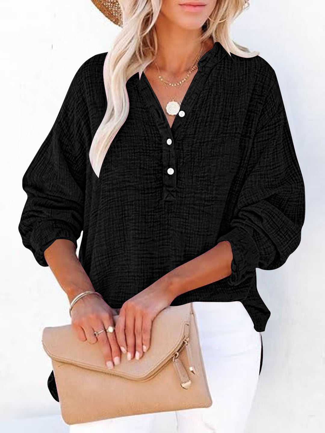 Damen Oversize Texturierte Baumwollbluse mit Henley-Knopfleiste Shop Nory