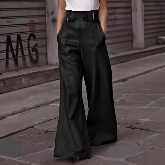 Damen weite High-Waist Palazzo-Hose aus Lederimitat mit Breitbund Shop Nory