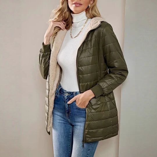Damen Langer Steppmantel mit Teddyfutter und Kapuze Shop Nory