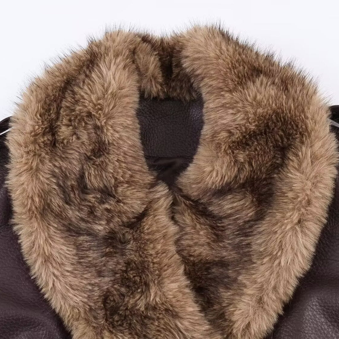 Damen Lederimitat Bomberjacke mit großem Kunstpelzkragen Shop Nory