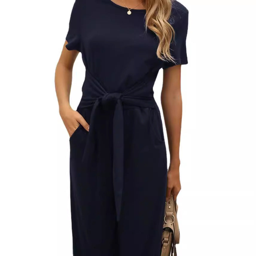 Damen Jumpsuit mit Bindegürtel und weitem Bein