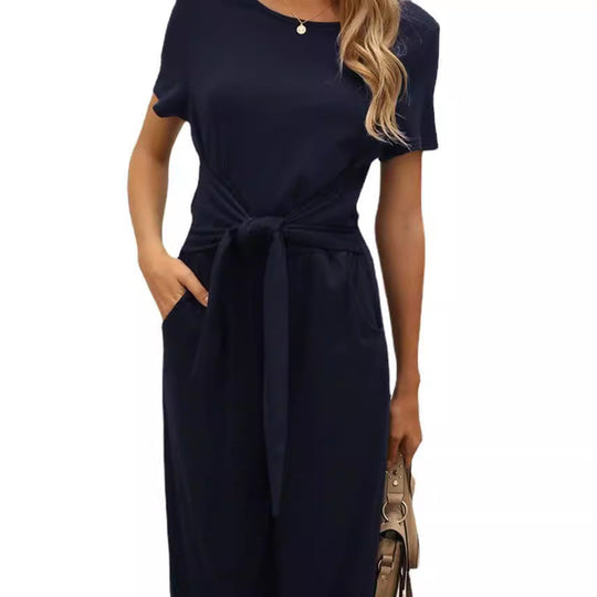 Damen Jumpsuit mit Bindegürtel und weitem Bein