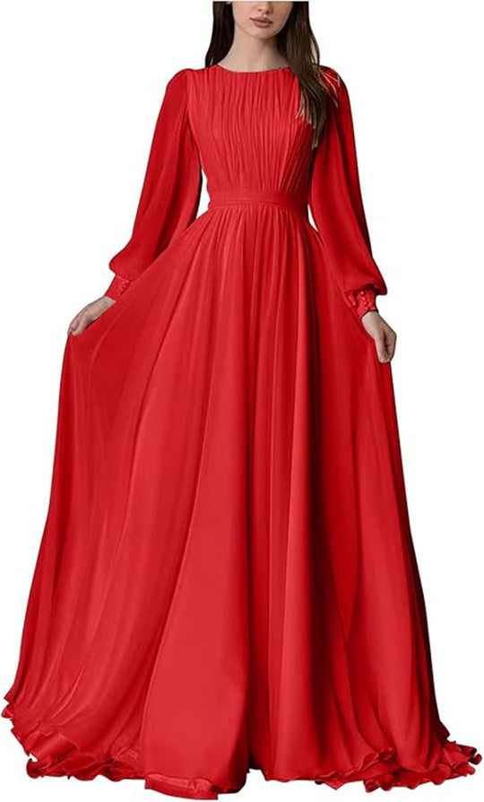 Damen Maxi-Party Kleid mit langen fließenden Ärmeln und Spitzenakzenten