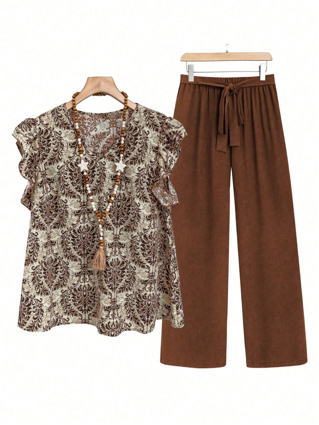 Damen Zweiteiliges Ensemble mit Rüschen-Printbluse und weitem Taillen-Hosenmodell Shop Nory