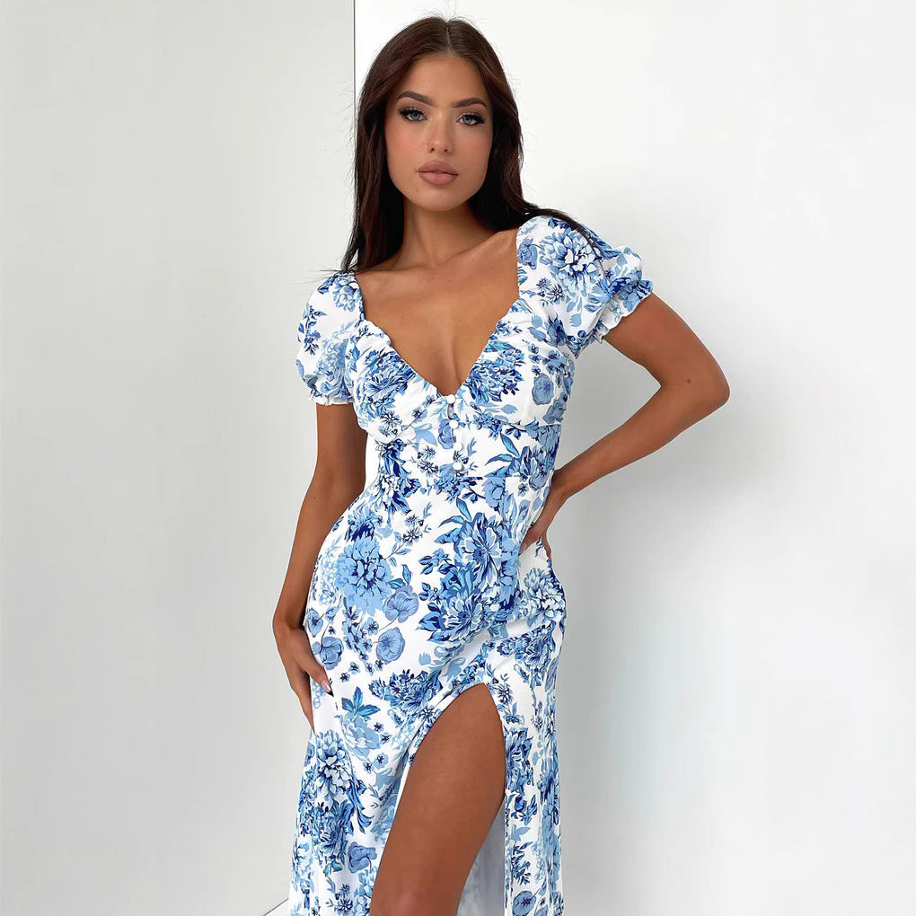 Damen Sommerliches Maxi-Kleid mit floralem Muster und elegantem Schlitz Shopnory