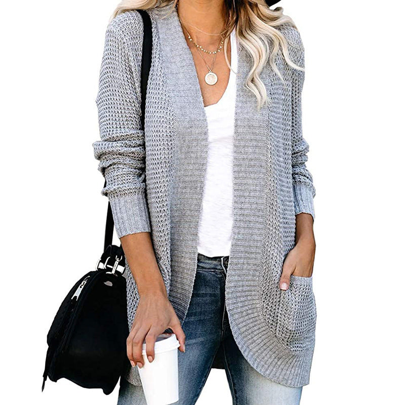 Damen Langer Offener Strickcardigan mit Taschen, Rippbündchen und strukturierter Waffeloptik Shop Nory