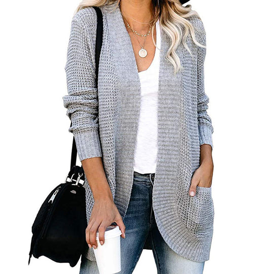 Damen Langer Offener Strickcardigan mit Taschen, Rippbündchen und strukturierter Waffeloptik Shop Nory