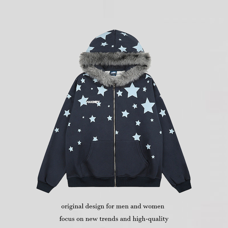 Damen Oversize Kapuzen‑Sweatjacke mit Sternen‑Allover, Kunstfellbesatz und durchgehendem Reißverschluss Shop Nory