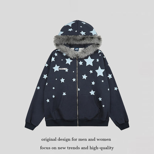 Damen Oversize Kapuzen‑Sweatjacke mit Sternen‑Allover, Kunstfellbesatz und durchgehendem Reißverschluss Shop Nory