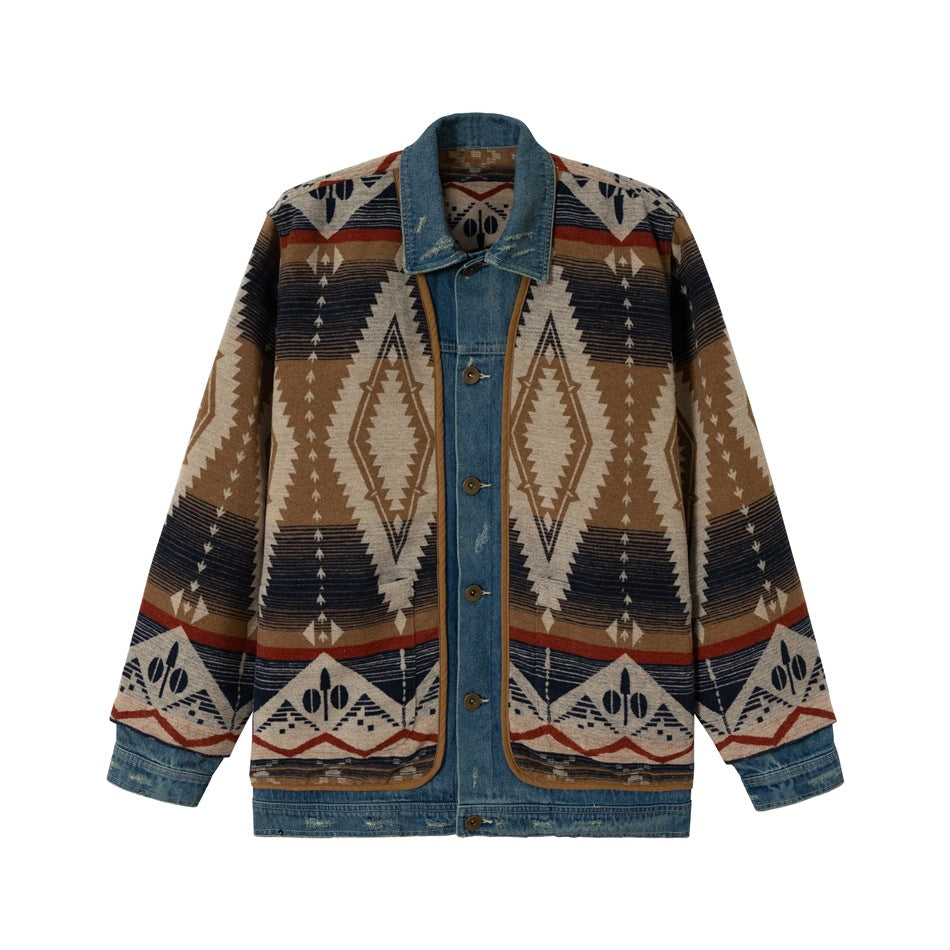 Unisex Weit geschnittene Jacquard-Linerjacke mit Denim-Besatz und grafischem Ethno-Muster Shop Nory